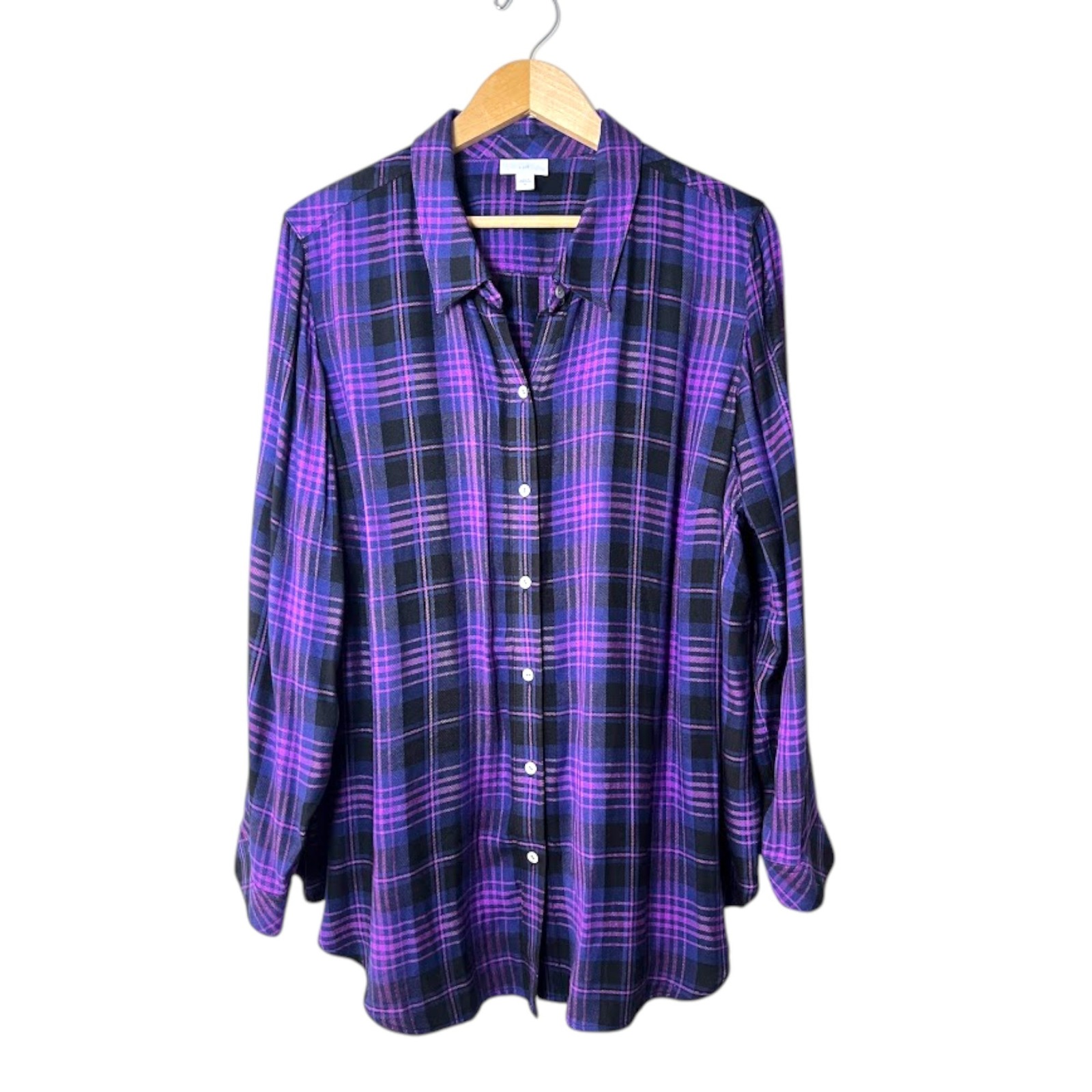 J. Jill Purple Plaid Rayon Button Front Tunic Shirt Womens 2x Long Sleeve Blouse